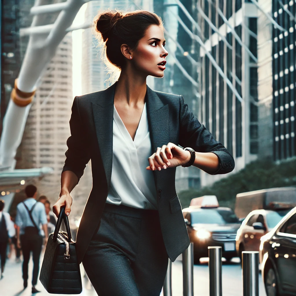 DALL·E 2024-10-11 21.18.09 – A sophisticated businesswoman in a tailored suit is walking quickly down a busy city street, holding a purse in one hand and glancing at her watch wit DALL·E 2024-10-11 21.18.09 - A sophisticated businesswoman in a tailored suit is walking quickly down a busy city street, holding a purse in one hand and glancing at her watch wit