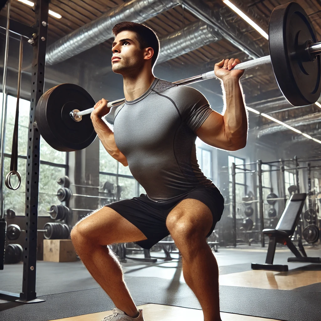 DALL·E 2024-10-25 11.22.38 - A man performing a clean snatch in a gym. He is in the final phase of the lift, with the barbell raised overhead in a strong, stable stance. He is cle