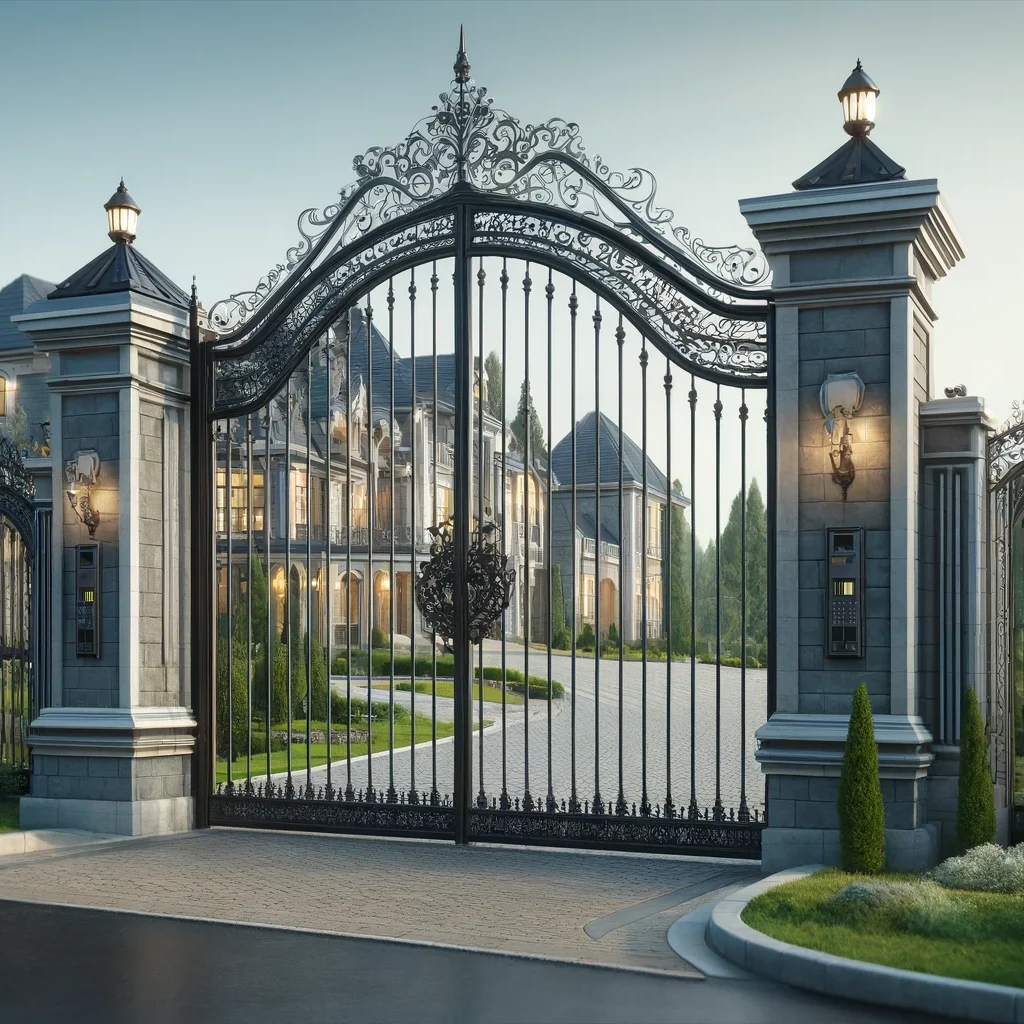 DALL·E 2024-05-23 16.44.14 - A realistic illustration of the concept of security, featuring a gated estate. Show a luxurious estate with a grand entrance, including tall, ornate w