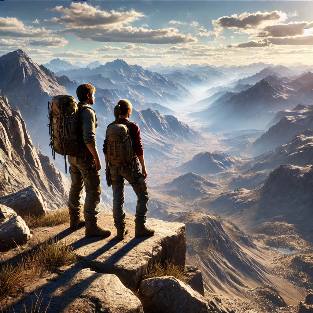 DALL·E 2024-10-12 10.59.54 - A highly realistic scene of a man and a woman standing together at the summit of a mountain, overlooking a vast, breathtaking landscape. Both are dres
