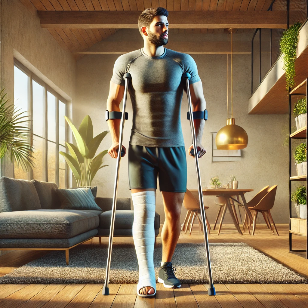 DALL·E 2024-11-12 08.36.45 - A realistic illustration of an athletic man with a cast on his foot, using crutches, and wearing athletic clothes. He is inside a cozy, modern home wi