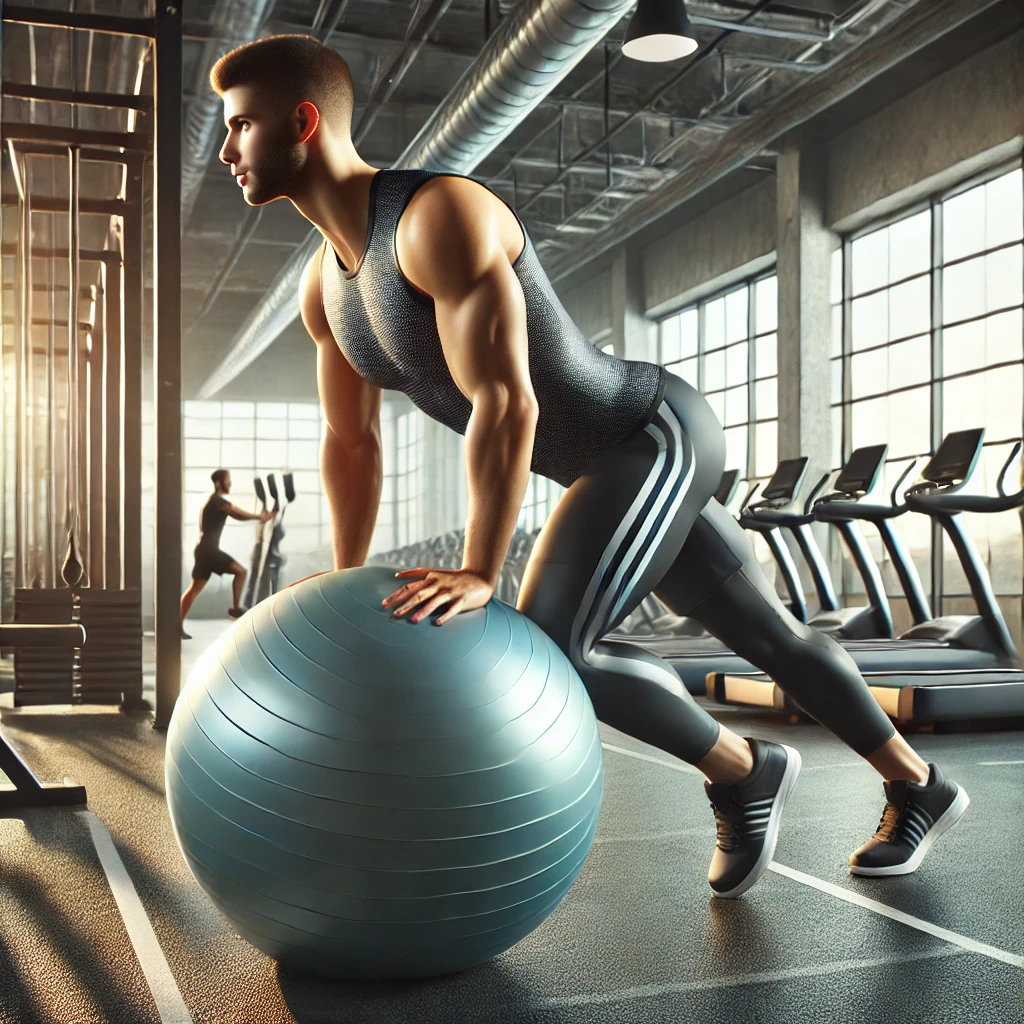 DALL·E 2024-11-12 13.48.31 - A realistic illustration of a person using a stability ball in a workout setting. The individual is dressed in athletic clothing and performing an exe
