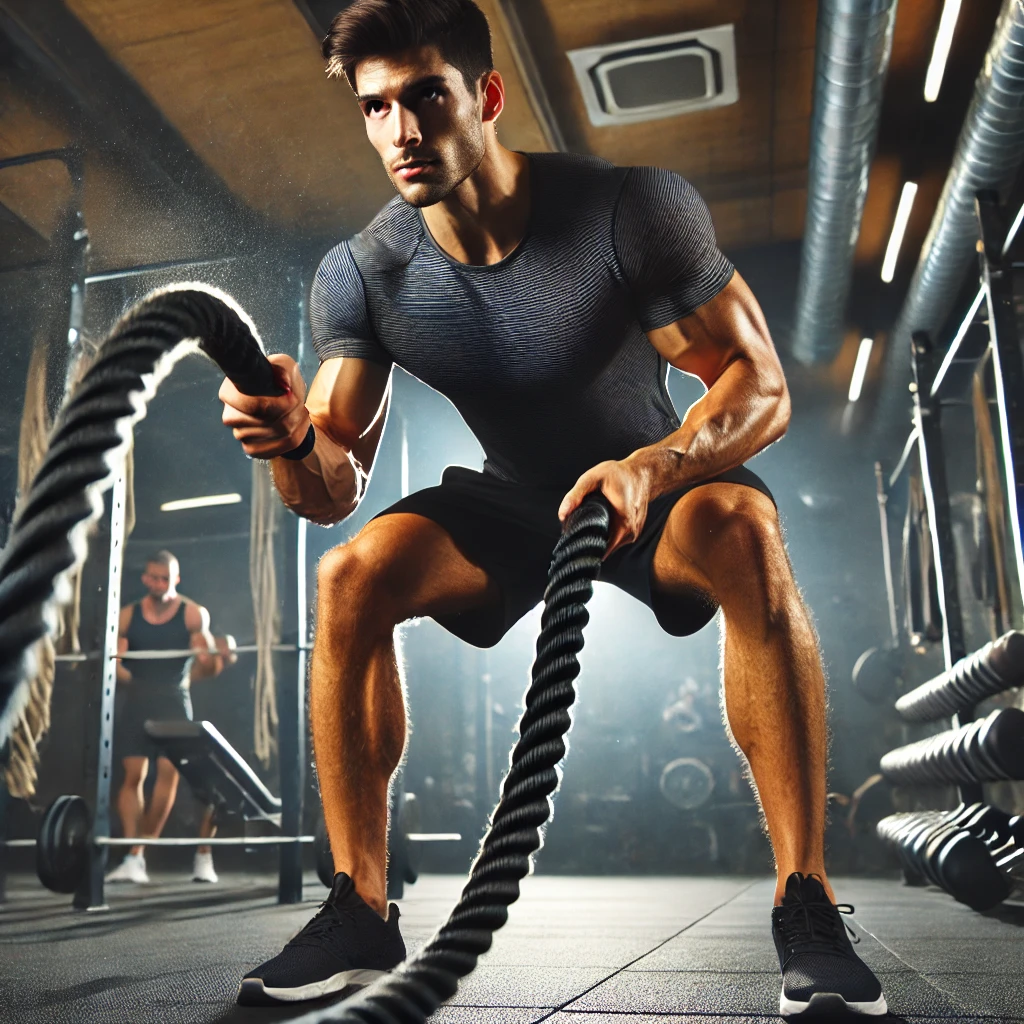 DALL·E 2024-10-25 11.20.39 - A man working out using battle ropes in a gym. He is in a strong, athletic stance, gripping the ropes firmly and moving them in powerful waves. He is