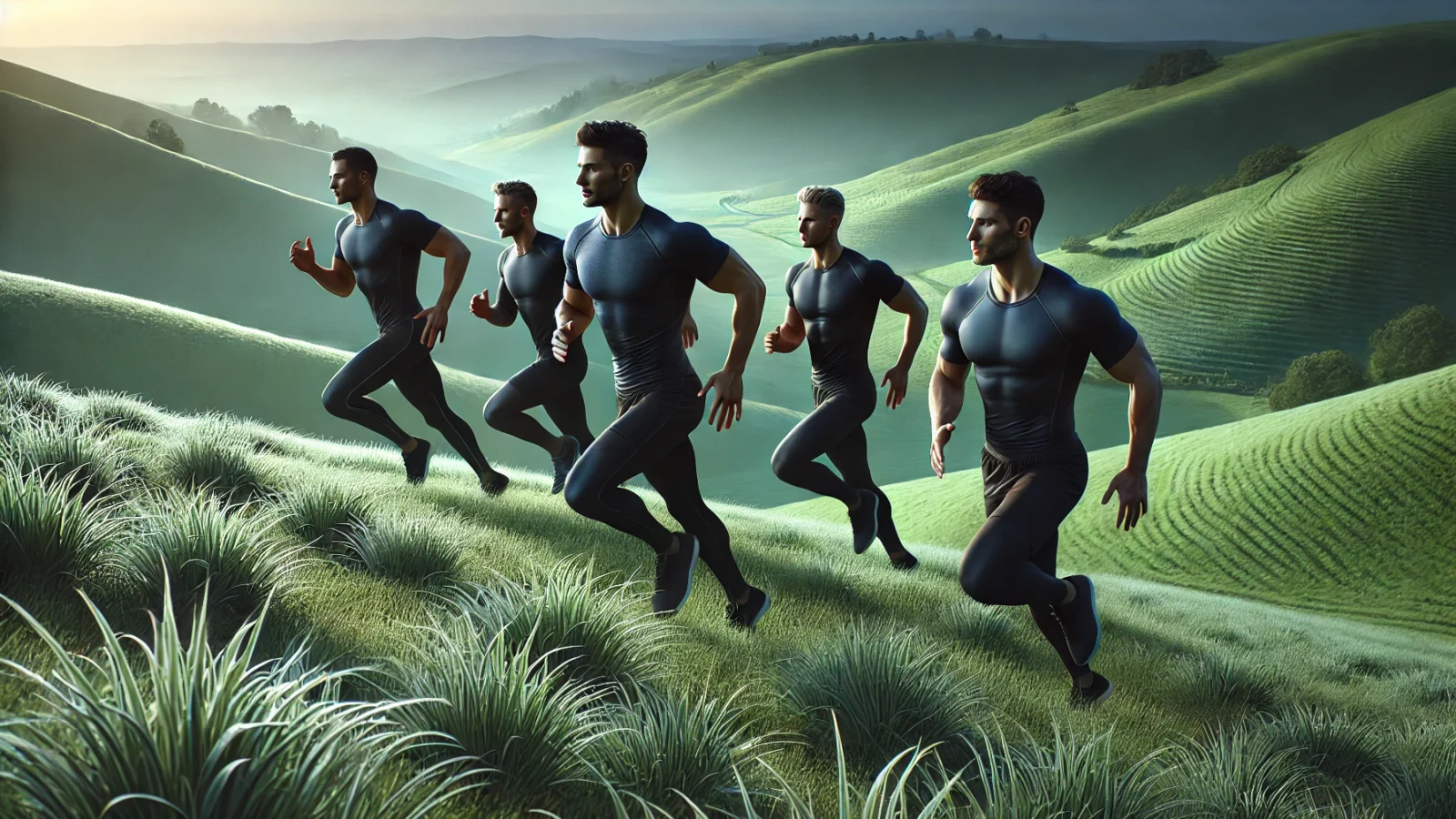 DALL·E 2024-11-03 12.59.23 - A highly realistic scene depicting four athletic, fit men running over rolling green hills during an early morning with cool color tones. The men are